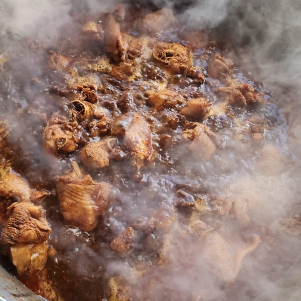 Steaming, bubbling pot of brown chicken pieces in a rich, dark sauce, cooking soul food.